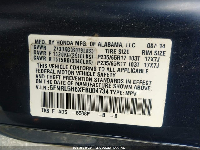 Honda Odyssey Ex-l 2015 5FNRL5H6XFB004734 Image 9