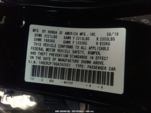 1HGCR2F78GA240051 Honda Accord Sedan Ex