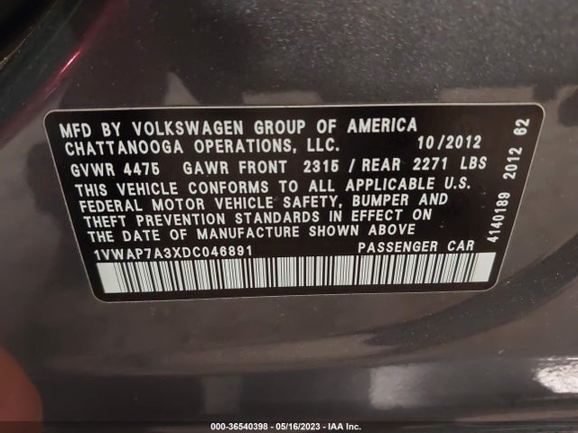 2013 VOLKSWAGEN PASSAT S W/APPEARANCE VIN: 1VWAP7A3XDC046891