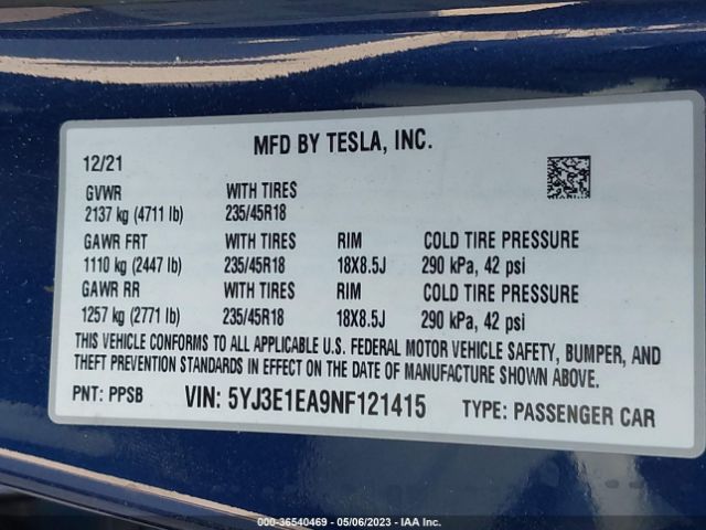 5YJ3E1EA9NF121415 Tesla MODEL 3
