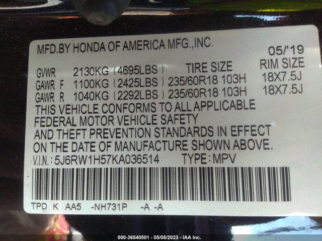Honda CR-V EX 2019 5J6RW1H57KA036514 Image 9