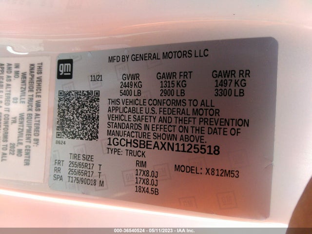 2022 CHEVROLET COLORADO 2WD WORK TRUCK VIN: 1GCHSBEAXN1125518