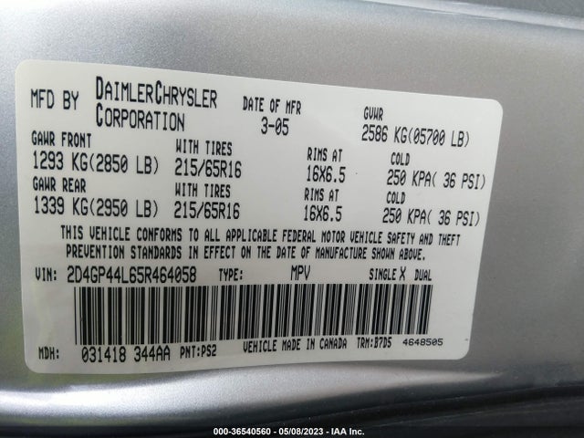 2005 DODGE GRAND CARAVAN SXT VIN: 2D4GP44L65R464058