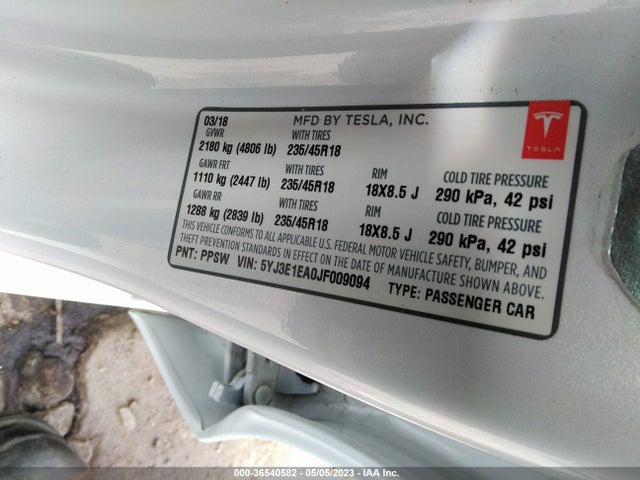 Tesla Model 3 Range Battery 2018 5YJ3E1EA0JF009094 Image 9