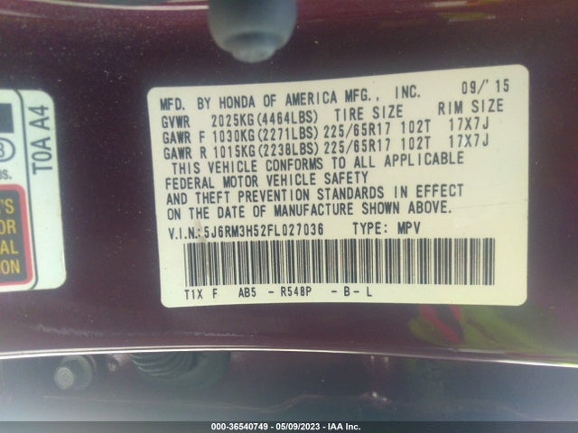 Honda CR-V EX 2015 5J6RM3H52FL027036 Image 9