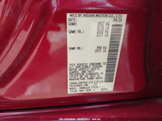 2016 NISSAN ALTIMA 2.5 VIN: 1N4AL3AP5GC221956