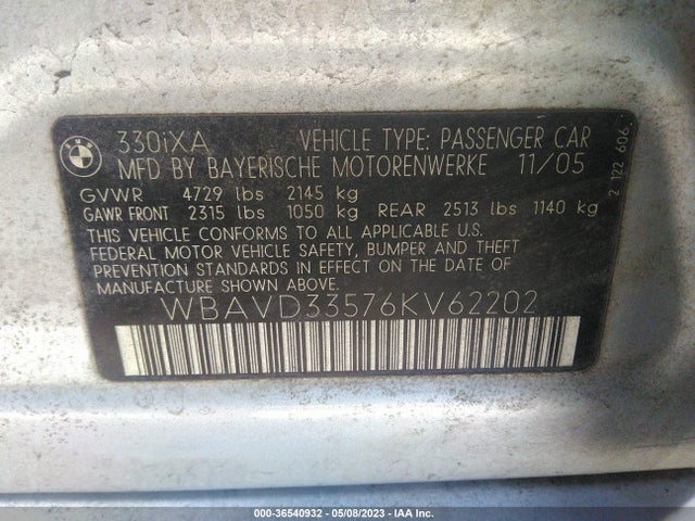 2006 BMW 3 SERIES 330XI VIN: WBAVD33576KV62202