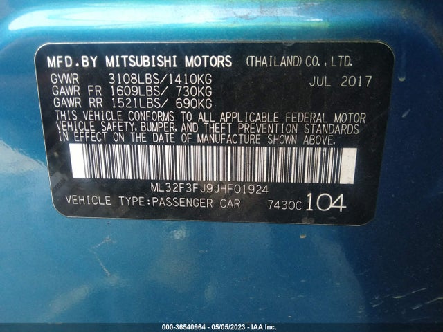 2018 MITSUBISHI MIRAGE G4 ES VIN: ML32F3FJ9JHF01924