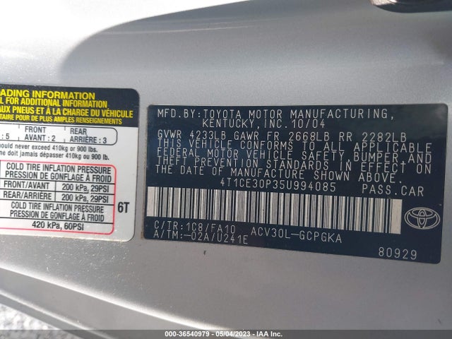 2005 TOYOTA CAMRY SOLARA SE/SPT/SLE VIN: 4T1CE30P35U994085