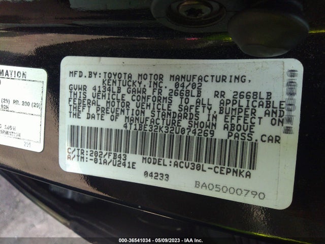 2002 TOYOTA CAMRY LE/SE/XLE VIN: 4T1BE32K32U074269