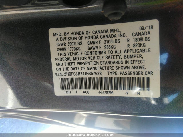 2018 HONDA CIVIC COUPE EX-L VIN: 2HGFC3B74JH357628
