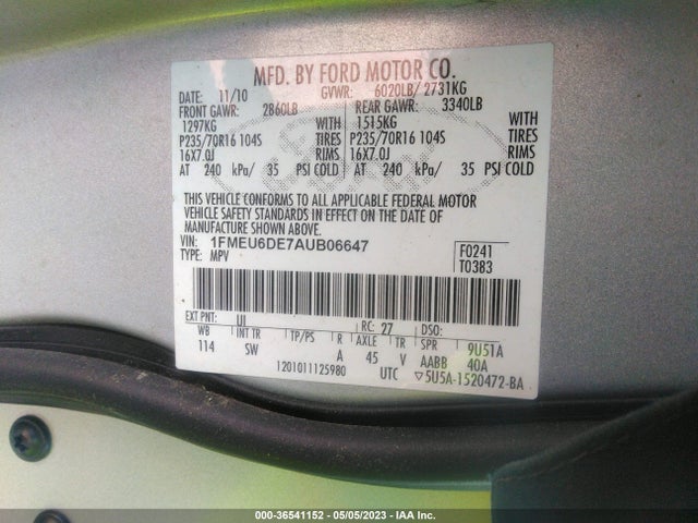 2010 FORD EXPLORER XLT VIN: 1FMEU6DE7AUB06647