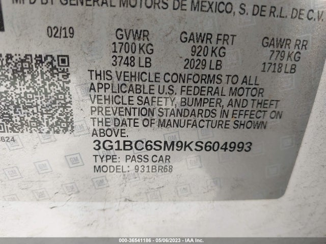 Chevrolet CRUZE LS 2019 3G1BC6SM9KS604993 Image 9