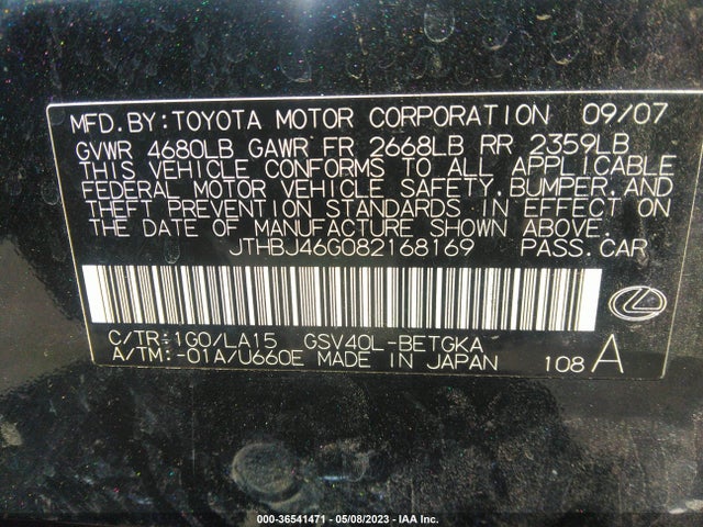 2008 LEXUS ES 350 VIN: JTHBJ46G082168169