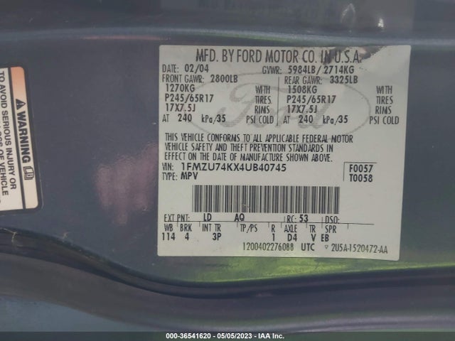 2004 FORD EXPLORER EDDIE BAUER VIN: 1FMZU74KX4UB40745