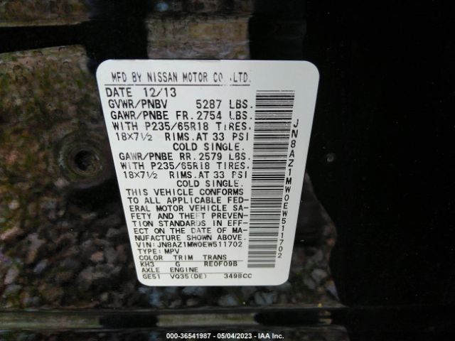 JN8AZ1MW0EW511702 Nissan Murano S/sv/sl/le