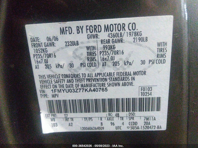 2007 FORD ESCAPE XLT VIN: 1FMYU03Z77KA40765