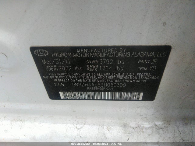 2011 HYUNDAI ELANTRA LTD PZEV VIN: 5NPDH4AE5BH050300