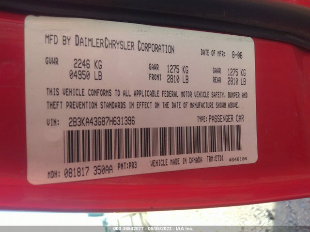 2007 DODGE CHARGER VIN: 2B3KA43G87H631396