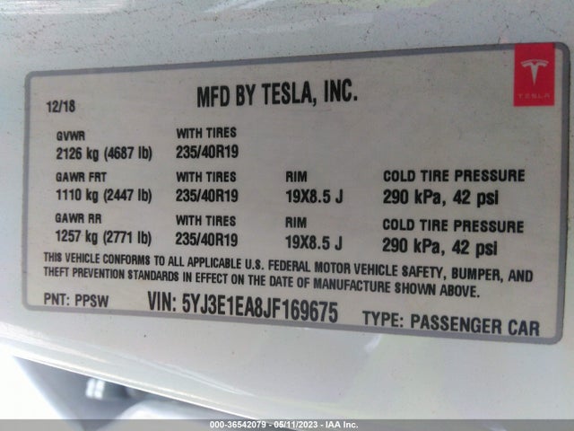 Tesla Model 3 Range Battery 2018 5YJ3E1EA8JF169675 Image 11