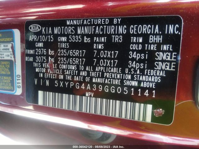 5XYPG4A39GG051141 KIA SORENTO LX