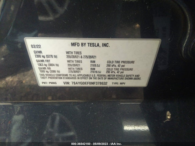 2022 TESLA MODEL Y PERFORMANCE VIN: 7SAYGDEF8NF378632
