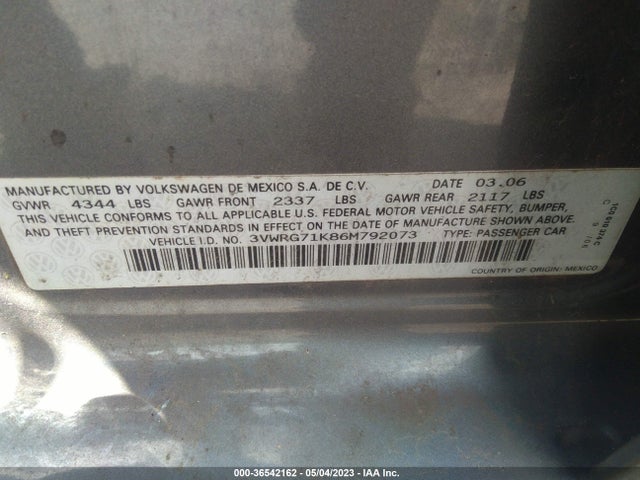 2006 VOLKSWAGEN JETTA SEDAN 2.5L VIN: 3VWRG71K86M792073