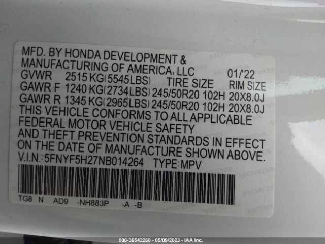 5FNYF5H27NB014264 Honda Pilot Special Edition