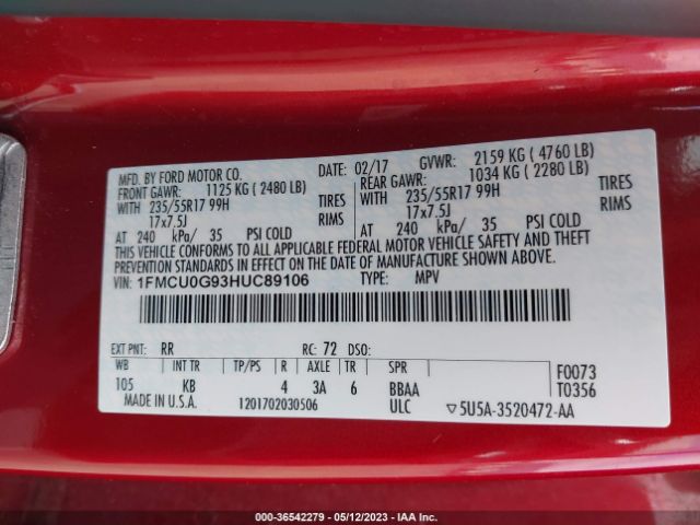 1FMCU0G93HUC89106 Ford ESCAPE SE