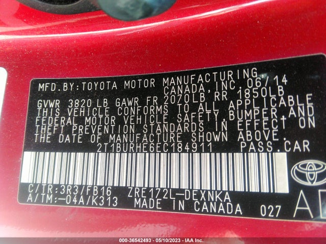 2014 TOYOTA COROLLA L/LE/S/S PLUS/LE PLUS VIN: 2T1BURHE6EC184911