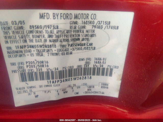 2005 FORD FOCUS S/SE/SES VIN: 1FAFP34N05W262818