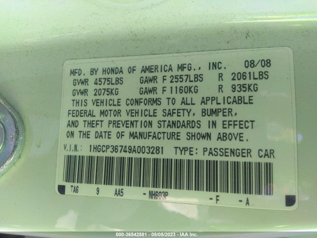 2009 HONDA ACCORD SDN EX VIN: 1HGCP36749A003281