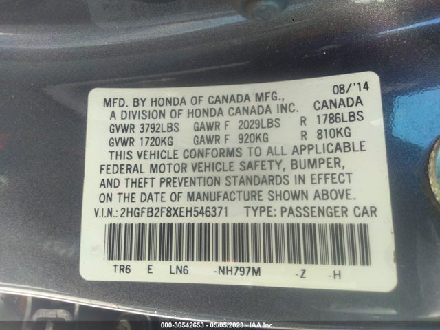 Honda Civic Sedan Ex 2014 2HGFB2F8XEH546371 Image 9