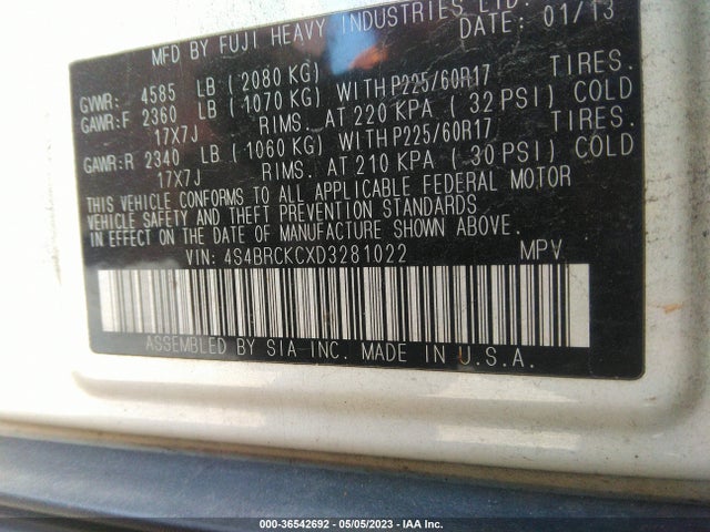 2013 SUBARU OUTBACK 2.5I LIMITED VIN: 4S4BRCKCXD3281022