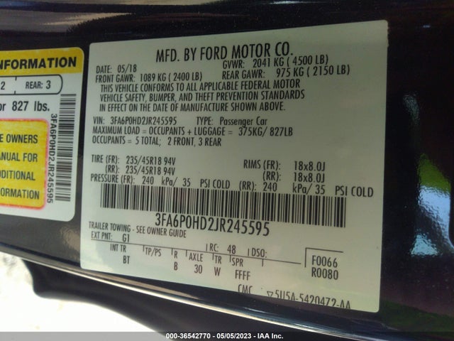 2018 FORD FUSION SE VIN: 3FA6P0HD2JR245595
