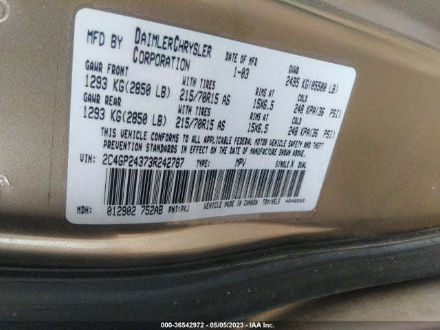 2003 CHRYSLER TOWN & COUNTRY VIN: 2C4GP24373R242787