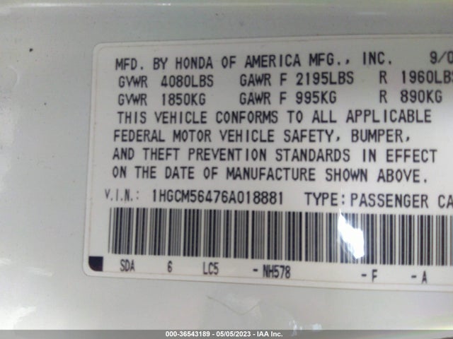 2006 HONDA ACCORD SDN LX VIN: 1HGCM56476A018881