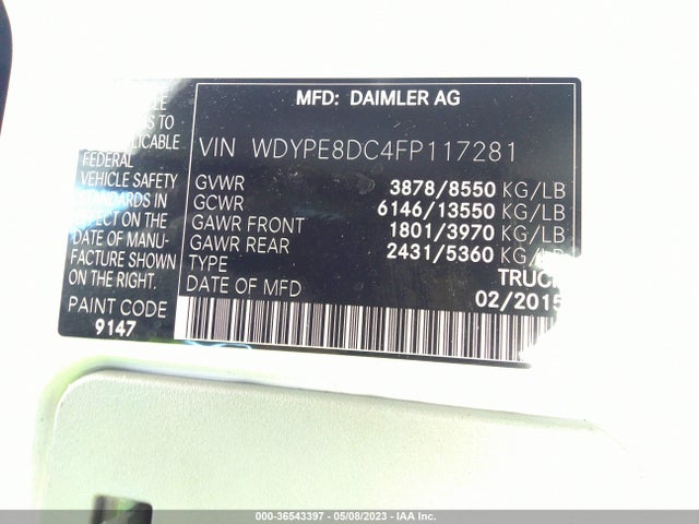 2015 FREIGHTLINER SPRINTER CARGO VANS VIN: WDYPE8DC4FP117281