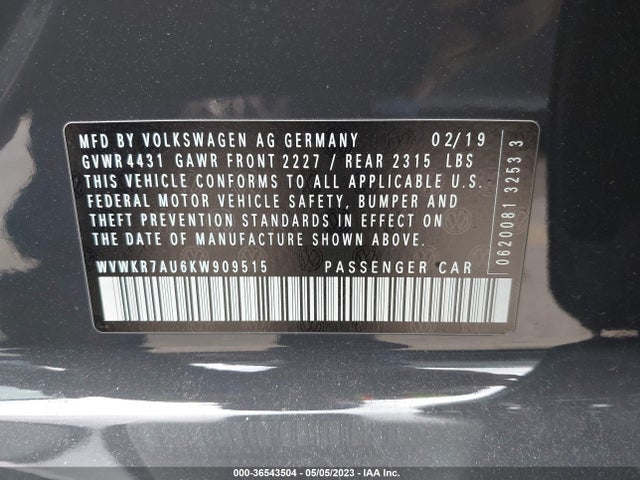 2019 Volkswagen Golf, VIN: WVWKR7AU6KW909515