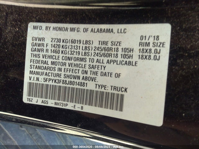 Honda Ridgeline Black Edition 2018 5FPYK3F88JB014881 Image 9