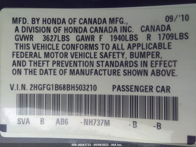 2011 HONDA CIVIC CPE LX VIN: 2HGFG1B68BH503210