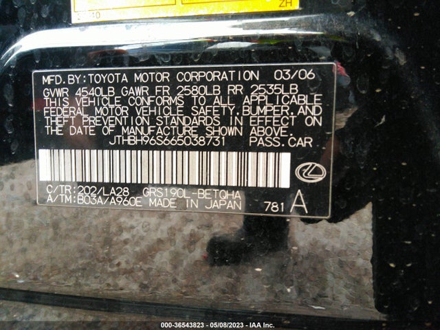 2006 LEXUS GS 300 VIN: JTHBH96S665038731