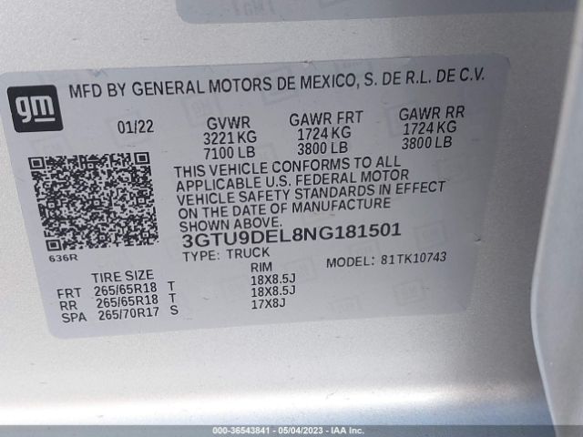 3GTU9DEL8NG181501 GMC Sierra 1500 Limited Slt