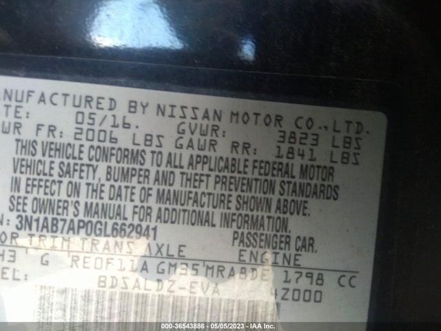 2016 NISSAN SENTRA SV VIN: 3N1AB7AP0GL662941