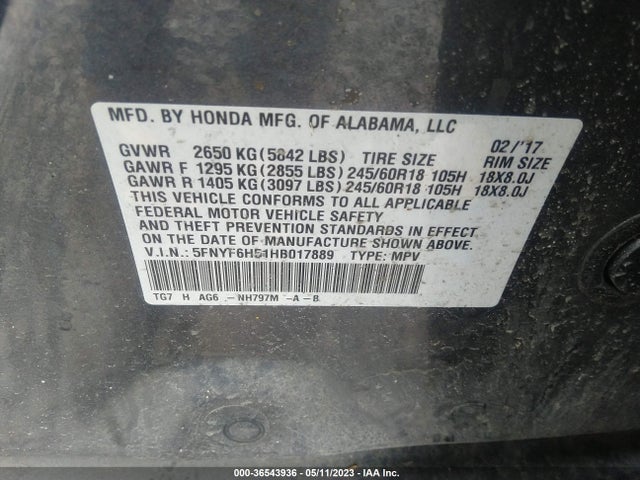Honda Pilot Ex-l 2017 5FNYF6H51HB017889 Image 9