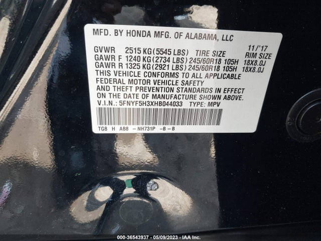 Honda Pilot Ex 2017 5FNYF5H3XHB044033 Image 9