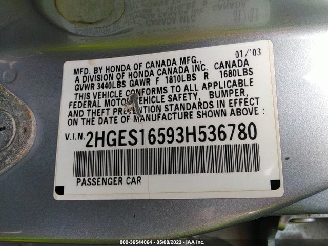 2003 HONDA CIVIC LX VIN: 2HGES16593H536780