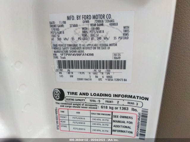 2009 FORD F-150 XL/XLT/FX4/LARIAT VIN: 1FTPW14V99FA14398