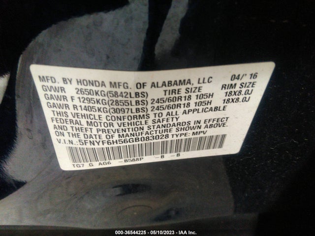 Honda Pilot Ex-l 2016 5FNYF6H56GB083028 Image 9