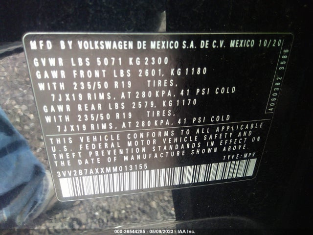 2021 VOLKSWAGEN TIGUAN SE/SE R-LINE BLACK/SEL VIN: 3VV2B7AXXMM013155